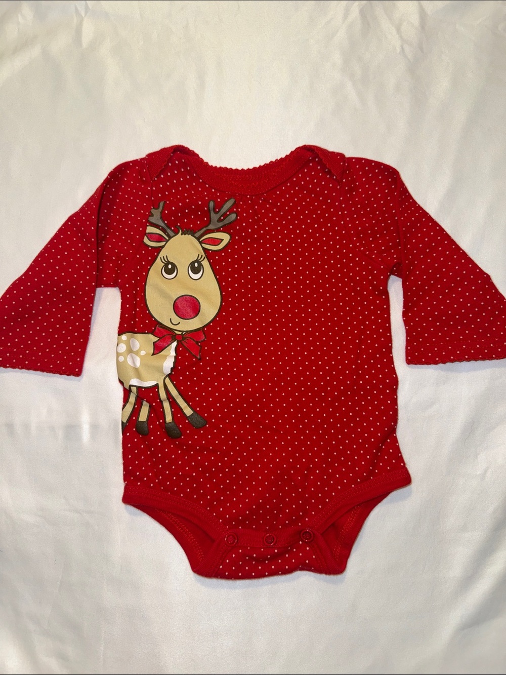 Snugabye Red Polka Dot Reindeer Christmas Long Sleeve Bodysuit Baby Size 6M